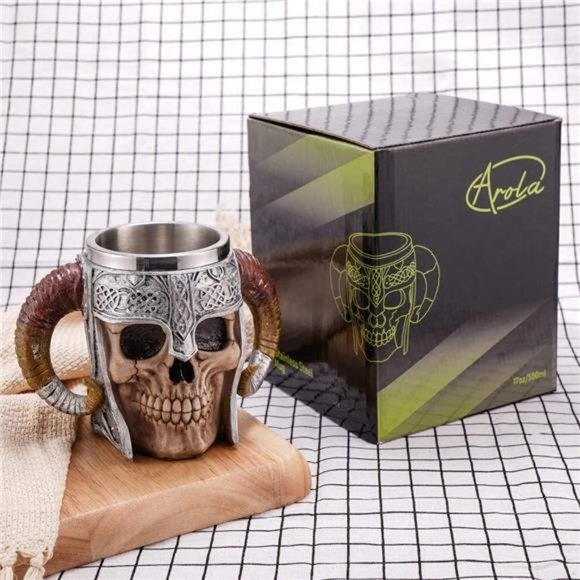Stainless Steel Double Handle Horn Skull BeerCup,Viking Warrior SkullMug Tankard - Picture 4 of 6